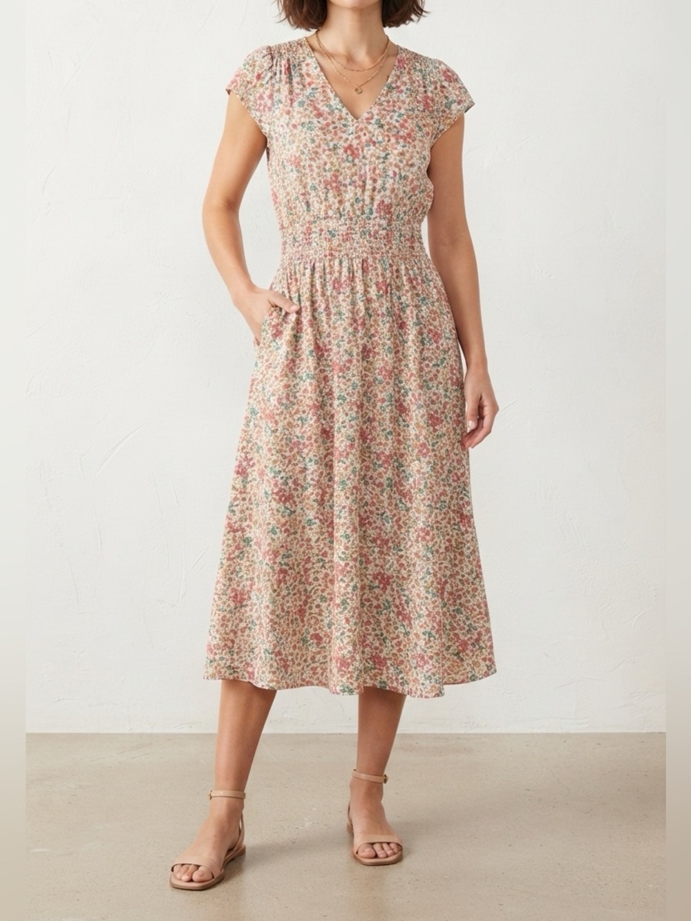 Time and Tru Cream Floral V-Neck Smocked Midi Dress